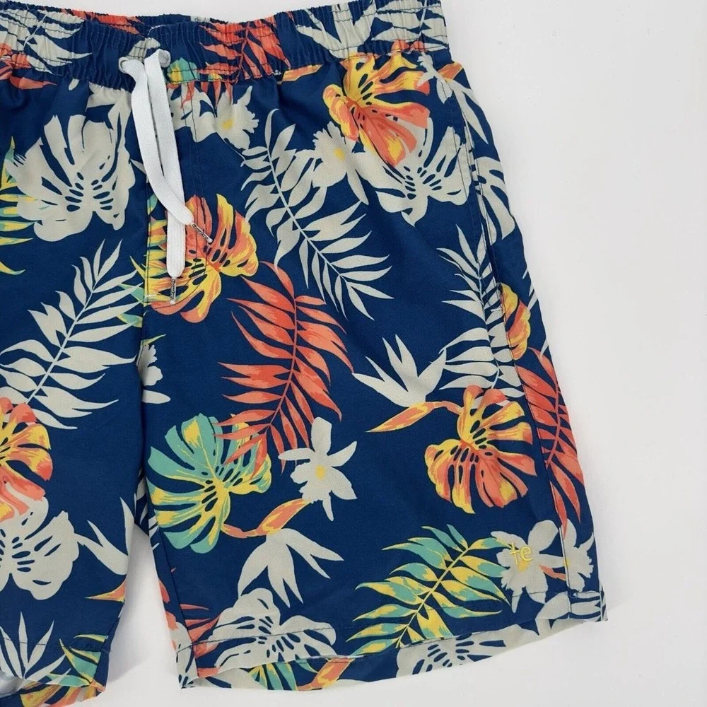 Tipsyelves Casual Tropical Floral Swim Trunks Men's Navy Blue Drawstring Pockets